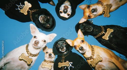 A playful circle of small dogs wearing bone-shaped tags look down toward the camera, forming a symmetrical group portrait against a bright sky.