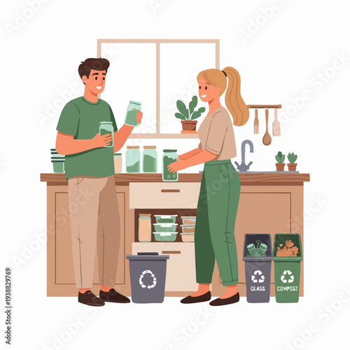 Couple sorting recyclables in a kitchen setting.