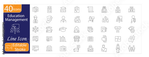 Education Management Icons Set, School Administration, Student Records, Academic Planning, Learning System, Institutional Management, Editable Stroke Vector Illustration.