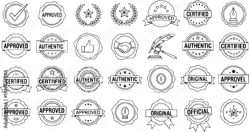 Obraz premium Hand-drawn Business Approval, Quality, and Guarantee Seals, Stamps, Badges, and Labels Vector Set. Sketch Style Authentic, Certified, Original Black Line Art Icons.