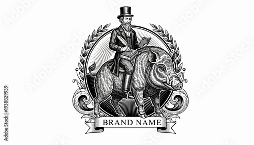 Vintage Engraving of a Gentleman Riding a Wild Boar with Laurel Wreath and Banner.