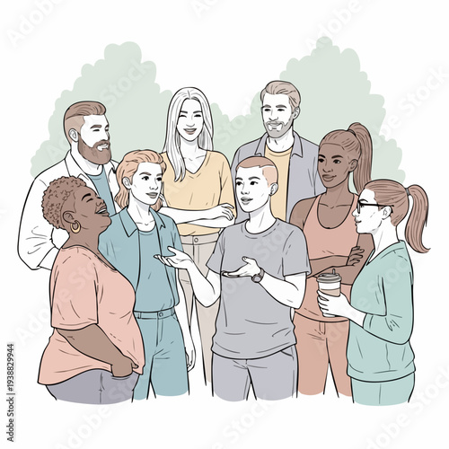 Diverse group of people engaged in conversation outdoors.