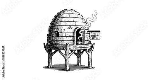 Vintage Engraving of a Traditional Beehive with Smoke and Bees.