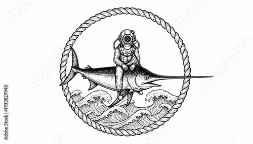 Vintage Engraving of Diver Riding Marlin in Ocean Waves.