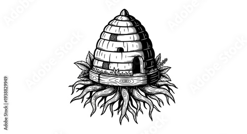 Vintage Engraving Style Beehive with Roots and Leaves.
