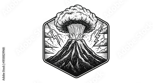Volcanic Eruption Hexagon Emblem with Lightning and Clouds.