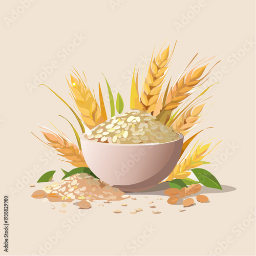 Bowl of Oatmeal Surrounded by Golden Wheat Stalks and Grains with Green Leaves Against a Soft Beige Background Healthy Breakfast Ingredient Close Up