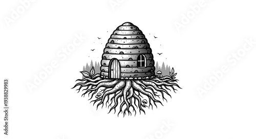 Whimsical Beehive House with Intricate Roots and Nature Elements.