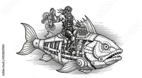 Warrior riding a steampunk mechanical fish in an intricate illustration.