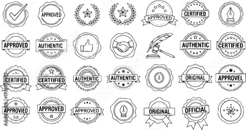 Hand-drawn Business Approval, Quality, and Guarantee Seals, Stamps, Badges, and Labels Vector Set. Sketch Style Authentic, Certified, Original Black Line Art Icons.