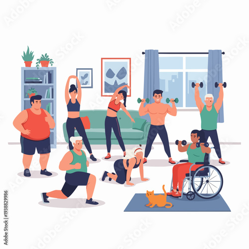 Diverse group of people exercising together indoors.