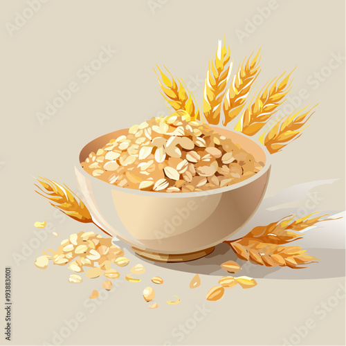 Warm Bowl of Oatmeal Topped with Rolled Oats and Wheat Stalks Against a Neutral Background with Soft Lighting