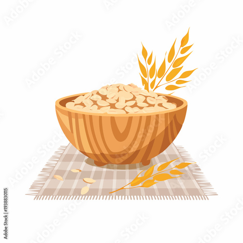 Wooden Bowl Filled With Rolled Oats and Wheat Stalks on a Plaid Cloth Rustic Breakfast Healthy Food Ingredient Close-Up Studio Shot Isolated on White