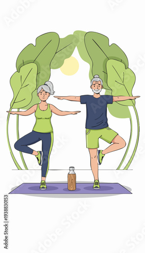 Elderly couple practicing yoga outdoors in a park setting.