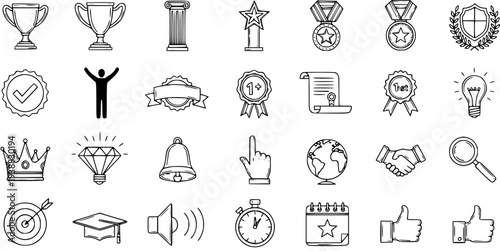 Black and White Line Art Icons for Success, Achievement, and Victory