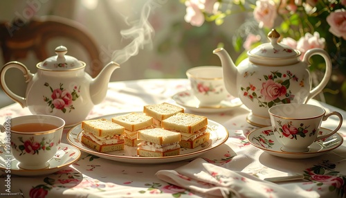 A warm and cozy table setting with tea and sandwiches