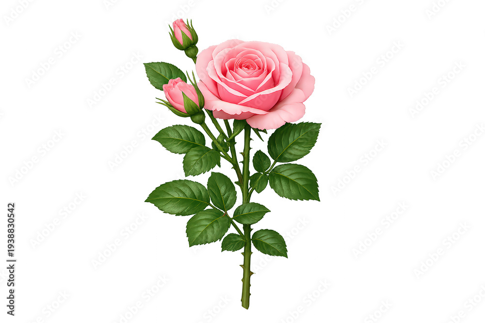 Naklejka premium Pink rose plant with blooming flower, green leaves, and buds on a stem, offering beauty, love, and growth, transparent background