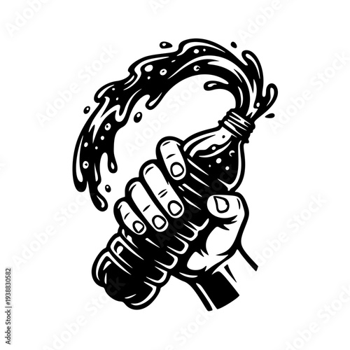 Exploding Soda Bottle Illustration – Hand Squeezing Plastic Carbonated Drink Bottle with Liquid Splash Icon