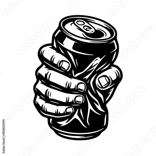 Hand Squeezing and Crushing Aluminum Soda Can – High Contrast Metal Recycling and Waste Concept Illustration