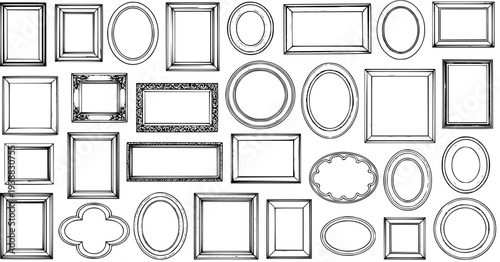 Art and Home Decor Hand-drawn Black and White Line Art Picture Frames. Vintage Sketch Style Borders Collection for Photography and Design Projects.