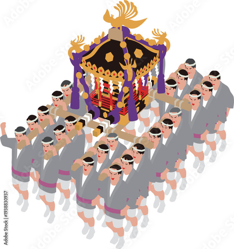 日本の伝統行事祭り。神輿を担ぐ男性たちのイラスト
