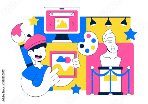 Online Art Exhibition Virtual Gallery Digital Artwork Showcase Illustration Featuring People Viewing Creative Paintings Through Laptop Screen