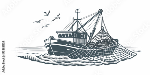 Vintage style illustration of a fishing boat with a large net and seabirds