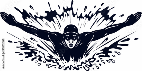 A swimmer in action bursting through water with dynamic splash effects