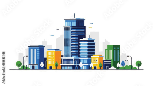 Modern City Skyline Vector Illustration in Flat Design. Downtown Business District, Contemporary Skyscrapers, and Office Buildings.