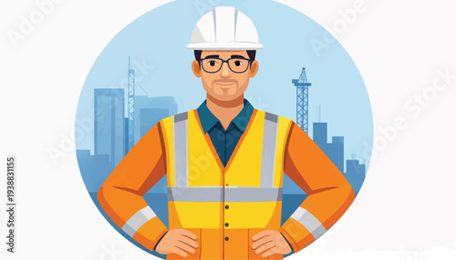 Professional Construction Worker, Engineer, or Foreman in Safety Vest and Hard Hat Standing Confidently Against City Skyline Background.