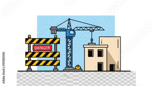 Construction Site Illustration with Tower Crane, Danger Barrier, and Building Development Vector