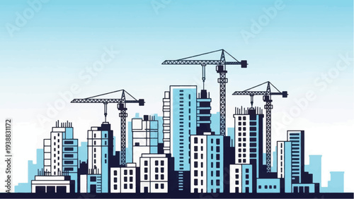 Urban Cityscape Construction Development Illustration. City Skyline with Modern Buildings and Tower Cranes.