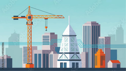 Construction Crane on Modern City Skyline. Urban Development, Engineering, and Architecture Progress Illustration.