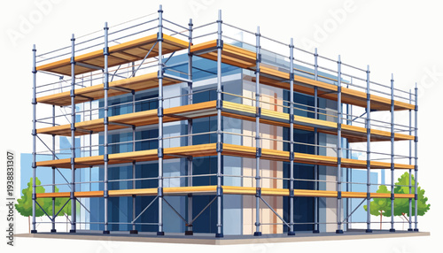 Architectural vector illustration of a modern glass office building facade renovation with metal scaffolding and construction site.