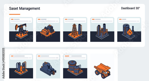 Isometric Industrial Buildings and Heavy Machinery Dashboard Interface.