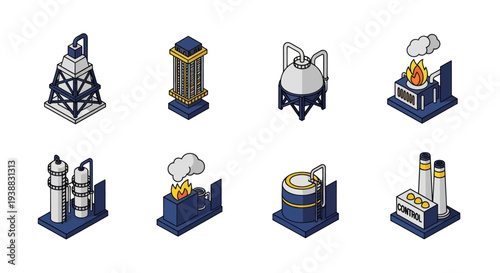 Isometric Industrial Buildings and Oil Refinery Structures Set.