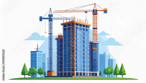 High-Rise Construction Site Illustration: Skyscraper Building Development with Tower Cranes in Urban Landscape.