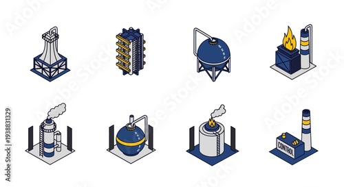 Isometric Industrial Buildings and Oil Refinery Structures Set.
