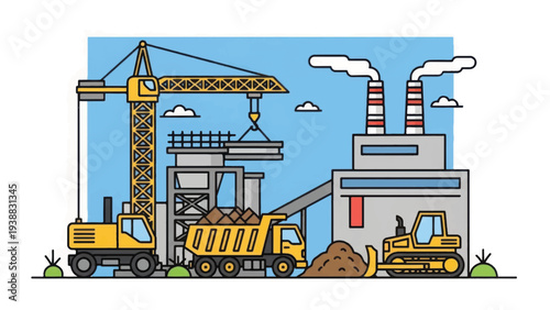 Industrial Construction Site Vector Illustration. Heavy Machinery, Tower Crane, Dump Truck, and Factory Buildings.