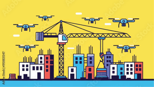 Drone technology in construction, surveying, and industrial monitoring. Automated building site management and future infrastructure development illustration.