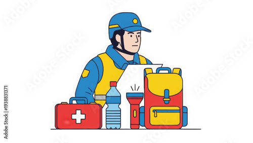 Professional First Responder with Emergency Survival Gear, First Aid Kit, Flashlight, and Backpack Illustration