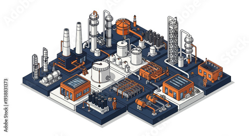 Isometric Industrial Chemical Plant with Towers and Tanks.