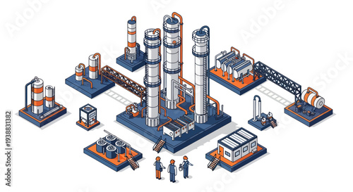 Isometric Industrial Complex with Factories and Workers.