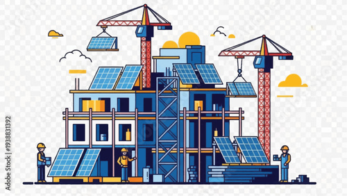 Sustainable Construction: Cranes Installing Solar Panels on a New Building. Green Energy Infrastructure Development and Renewable Power Vector Illustration.