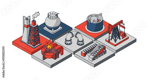 Isometric Industrial Complex with Oil Refinery and Power Plant Elements.