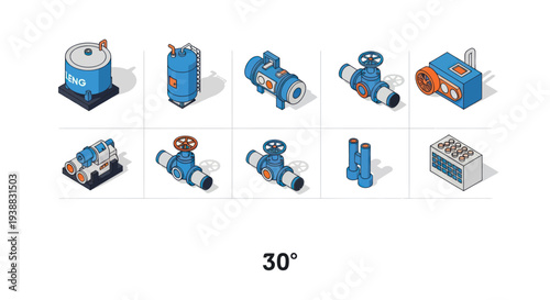 Isometric Industrial Equipment Collection - Valves, Pumps, and Tanks for Water and Oil Systems.