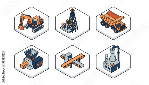 Isometric Industrial Icons Set - Excavator, Oil Rig, Dump Truck, Crusher, Conveyor, and Factory.