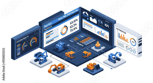 Isometric Industrial Internet of Things IIoT Dashboard with Data Visualization.