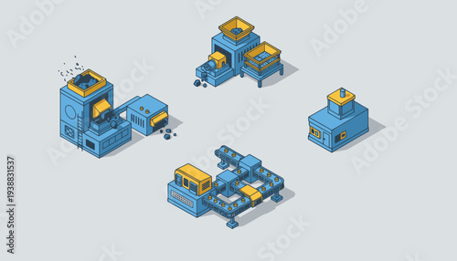 Isometric Industrial Machinery Set for Resource Processing and Manufacturing.
