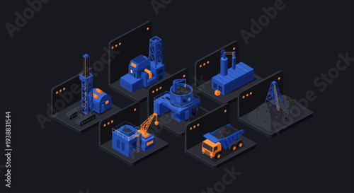 Isometric Industrial Mining and Oil Extraction Facilities.